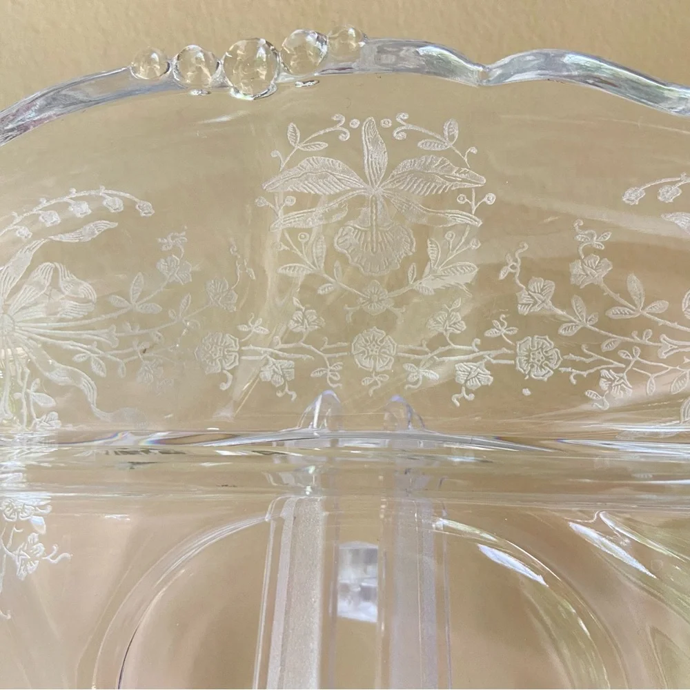 Heisey Glass etched orchids vintage clear divided three part serving tray dish
